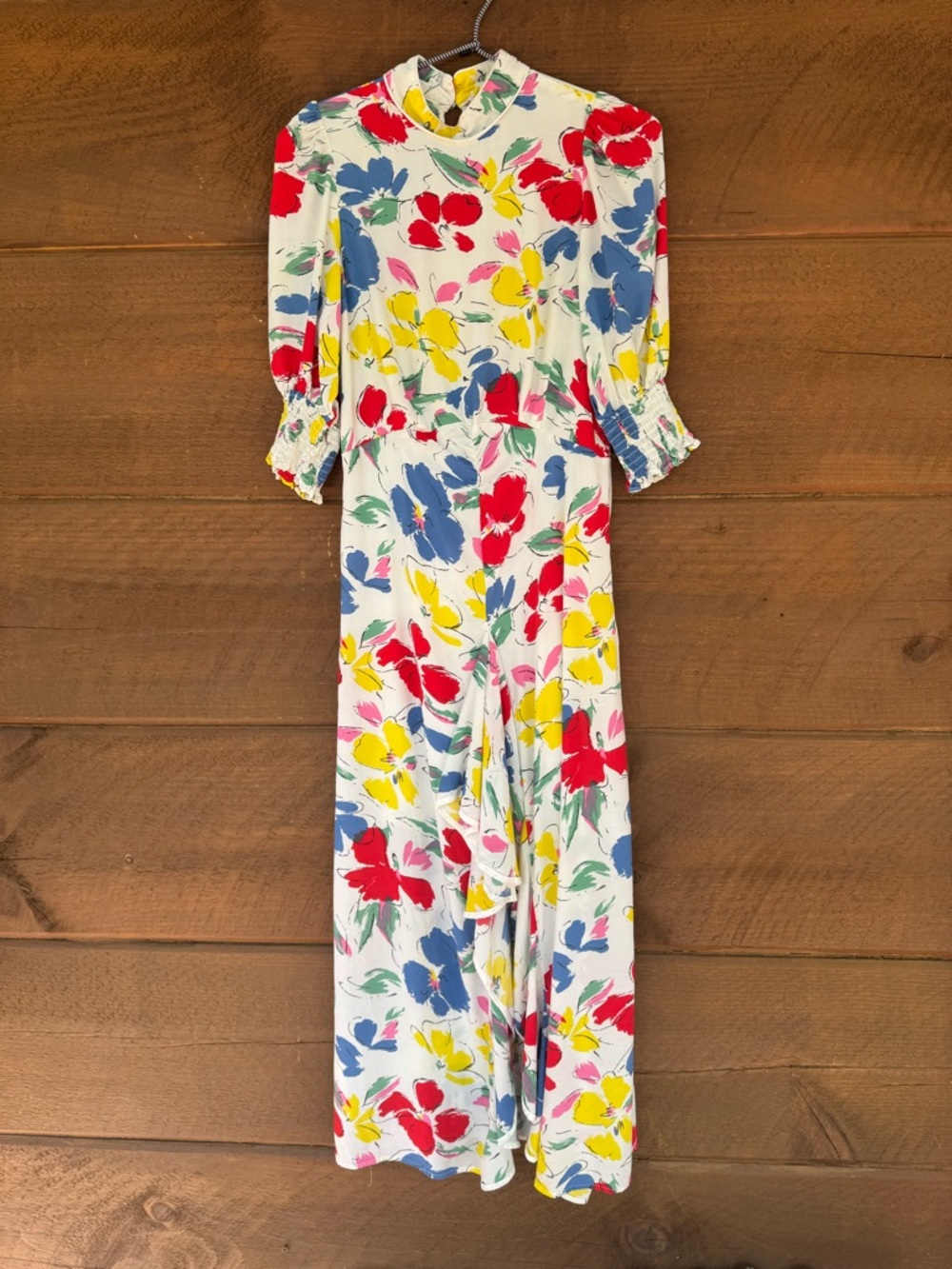 Rixo white with bright multicolor floral ruffle dress high neck size 4